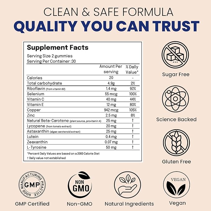 Triple Action Tanning Gummies - Full Spectrum Formula with Astaxanthin Beta Carotene Lycopene Lutein &amp Zeaxanthin for Skin Radiance Vitality Hydration and Defence - Sugar Free (60 Count)