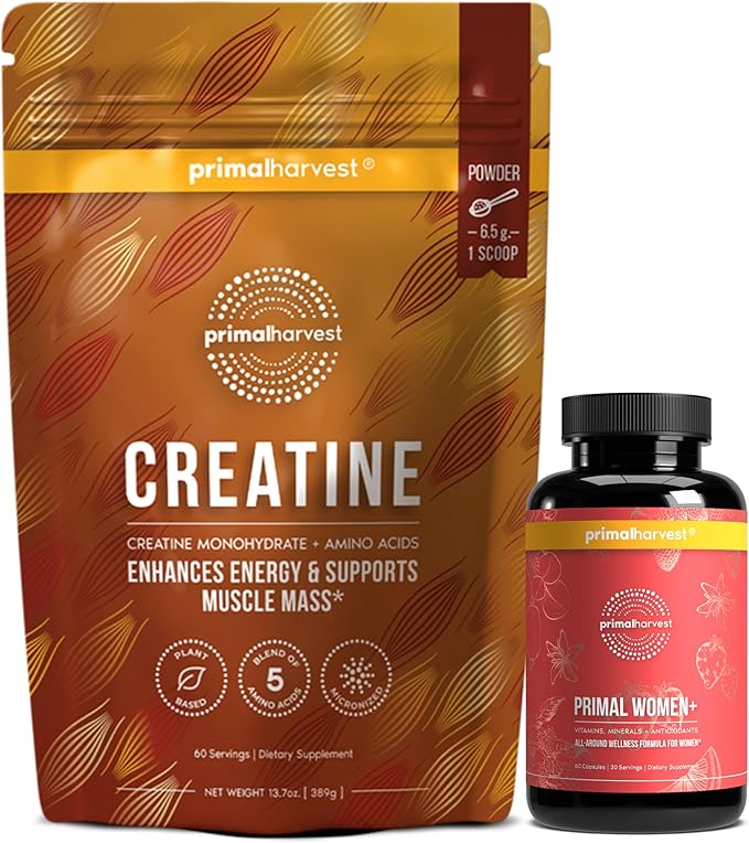 Primal Creatine Powder + Primal Women+ Multivitamin Bundle | 2-Pack | Support Strength Recovery Energy &amp Women’s Wellness | 30 Servings Each