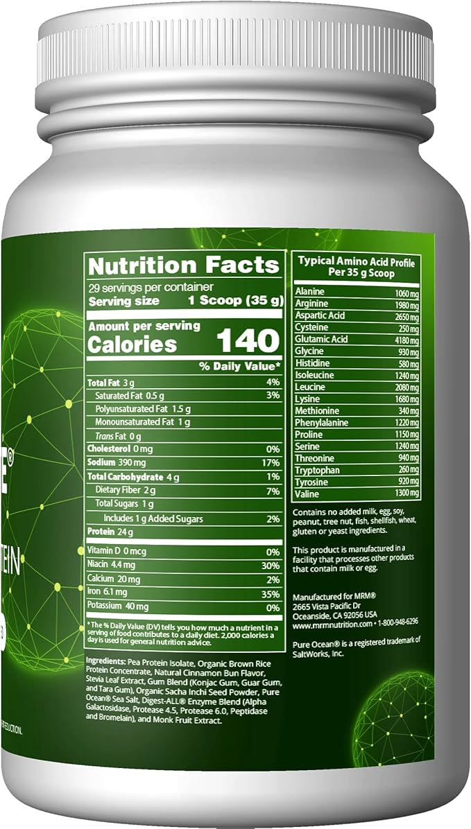 MRM Veggie Elite Performance Protein - Cinnamon Bun Plant-Based Powder 24g Protein per Serving with BCAAs &amp Digestive Enzymes Clinically Tested - Vegan Gluten-Free - 30 Servings