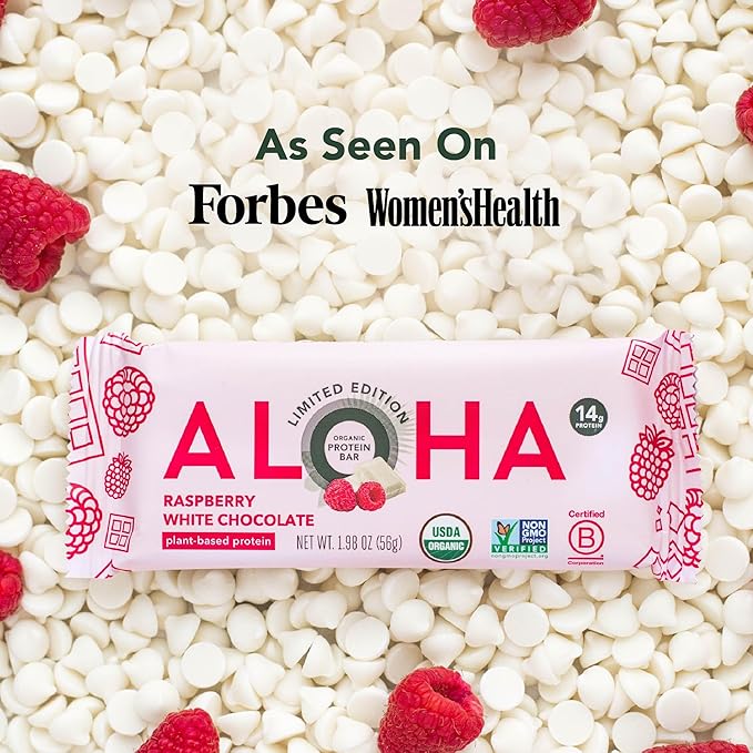 ALOHA Organic Plant Based Protein Bars | Raspberry White Chocolate | 12 Count 1.98oz Bars | Vegan Low Sugar Gluten Free Paleo Low Carb Non-GMO Stevia Free Soy Free No Sugar Alcohol Sweeteners