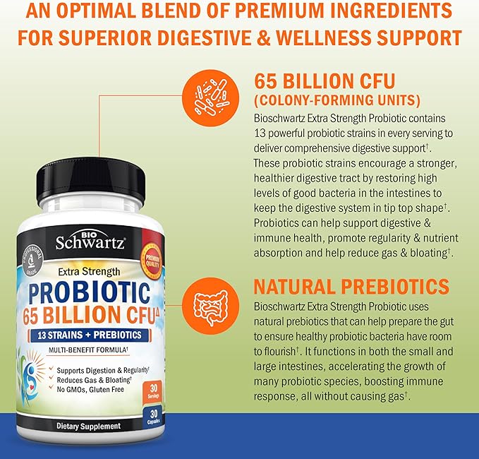 Probiotic 65 Billion - Probiotics with Prebiotic for Women &amp Men - Lactobacillus Acidophilus Digestive Health Capsules - Targeted Release Technology - Shelf Stable Supplement Non-GMO Dairy Free-30