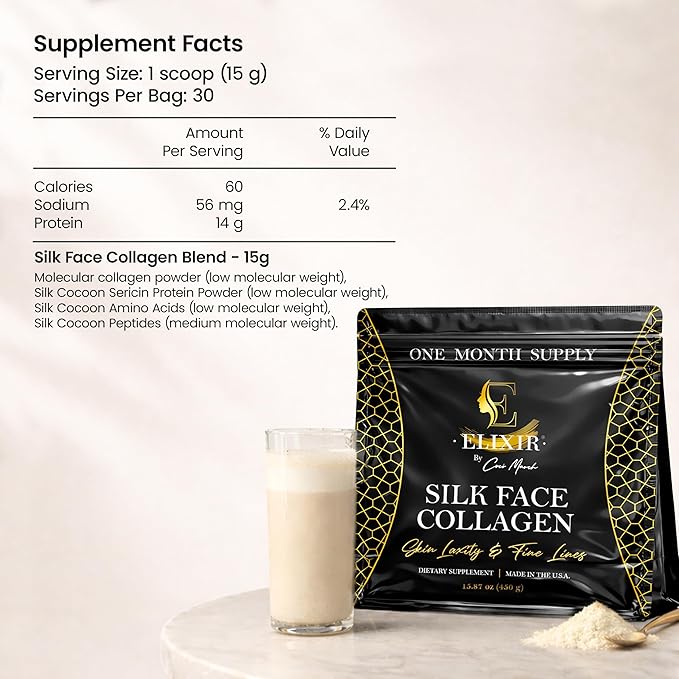 Silk Face Collagen - Collagen Peptides Powder for Women Face and Neck 14g Protein | Ultra Low Molecular Weight Collagen – for Skin Hair Nail Joint &amp Gut Health 15.87 oz (450g) Cocó March