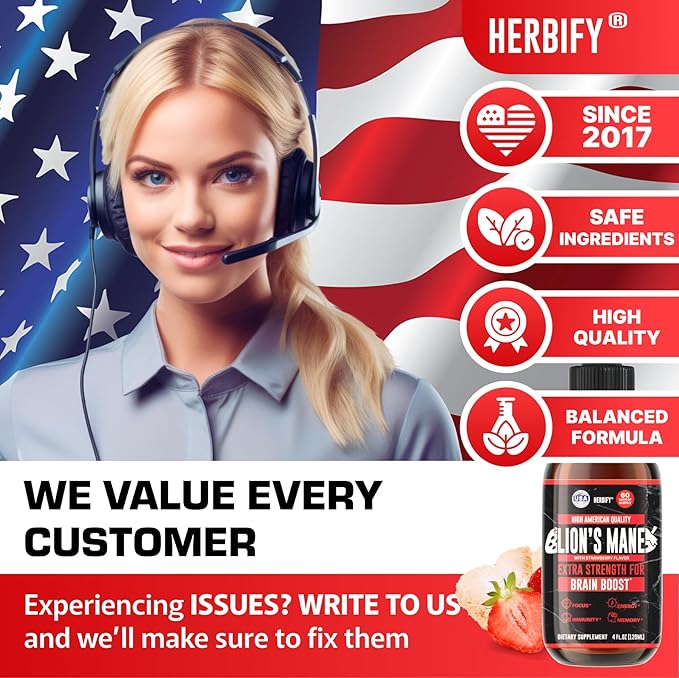 HERBIFY Lions Mane Supplement - Daily Mushroom Supplement for Memory Focus &amp Clarity - Brain Booster - Lions Mane Tincture for Immune Support - 4 Fl oz Strawberry Flavor