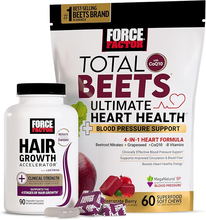 Force Factor Hair Growth Accelerator Capsules 90 Capsules + Total Beets Ultimate Heart Health Blood Pressure Support Pomegranate Berry 60 Soft Chews