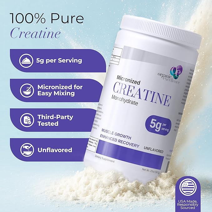 Organic Excellence Creatine Monohydrate – Micronized Creatine Powder for Muscle Growth Strength &amp Recovery – Unflavored 115 Servings