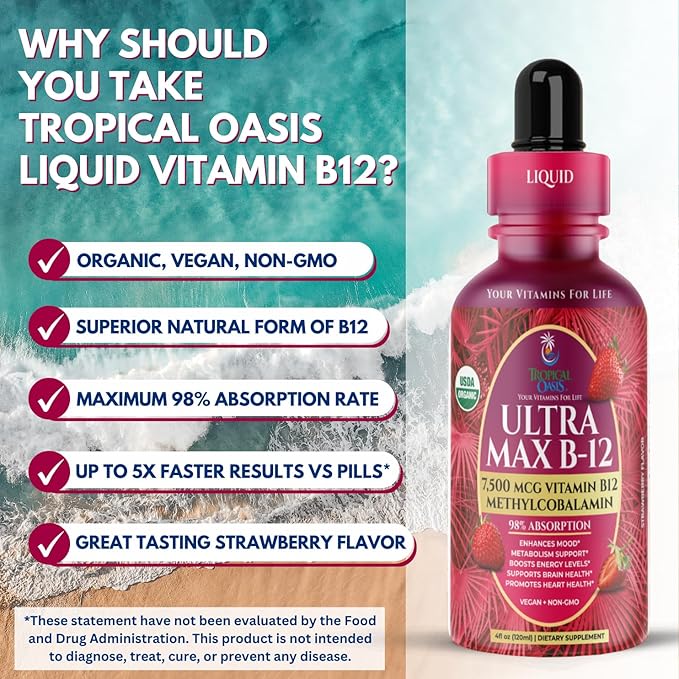 USDA Organic Ultra Max B12 | Superdose 7500mcg Vitamin B12 Liquid Drops | B12 as Methylcobalamin| Max 98% Absorption Rate | Promotes Energy| Vegan Non-GMO Strawberry flavor -4oz