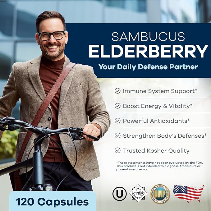 FREEDA Sambucus Elderberry with Vitamin C Zinc Vitamin D3 &amp Ginger - 5 in 1 Herbal Antioxidant Immune Support Supplement for Women &amp Men - Gluten Free Adult Elderberry Capsules USA Made (12