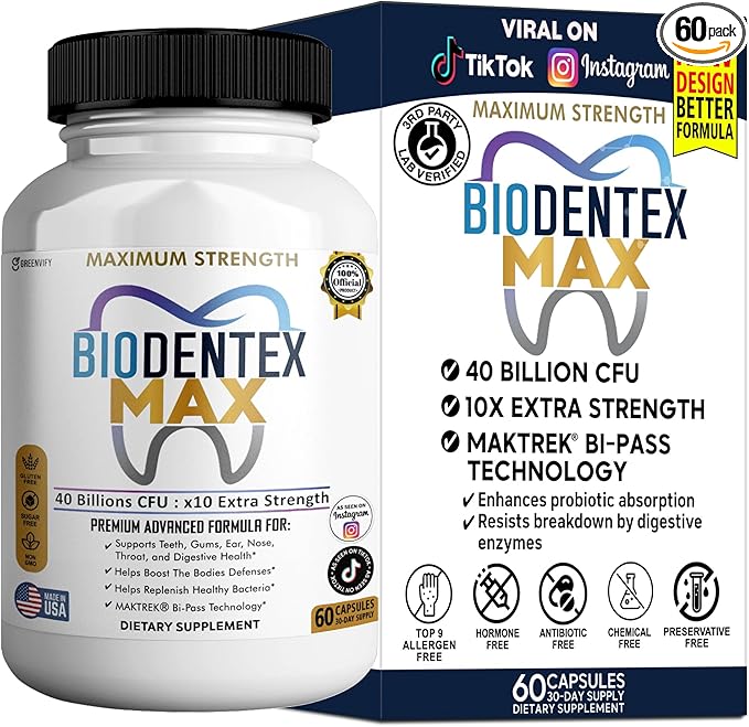 BioDentex Max Maximum Strength Probiotic Supplement 40 Billion CFU 60 Capsules with MAKTREK Bi-Pass Technology for Digestive Health Support (1)