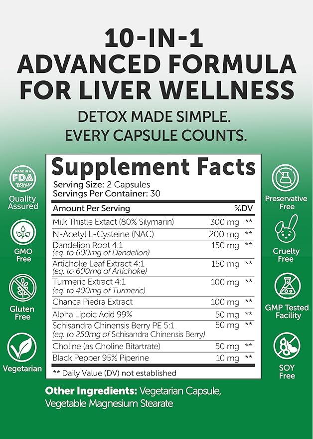 Lunakai USA Made Liver Cleanse Detox &amp Repair - 10-in-1 with Milk Thistle &amp NAC – Liver Support Supplement Capsules for Men &amp Women Daily Health Non-GMO 60ct