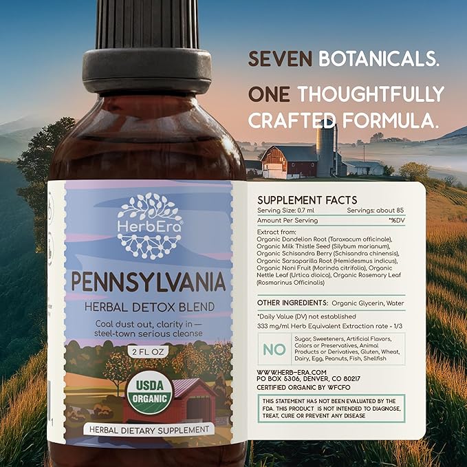 HerbEra Pennsylvania Herbal Detox Blend - USDA Organic Extract Made in USA | Immune &amp Liver Support Liquid Drops | Dandelion Root Milk Thistle Noni Sarsaparilla Schisandra | 2 fl oz