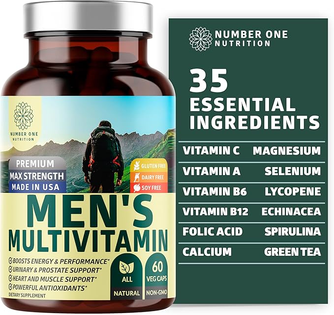 Number One Nutrition N1N Premium Men's Daily Multivitamin [Vitamins A C E D Magnesium Zinc] and Blood Circulation Supplement [8 Powerful Herbs &amp Vitamins] 2 Pack Bundle