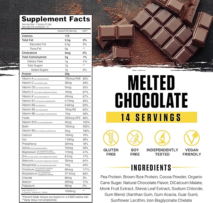 Ambrosia Planta - Premium Plant-Based Protein | Vegan &amp Keto Friendly | Gourmet Flavors with No Bloating or Stomach Upset | No Added Sugar | 14 Servings | (Melted Chocolate)