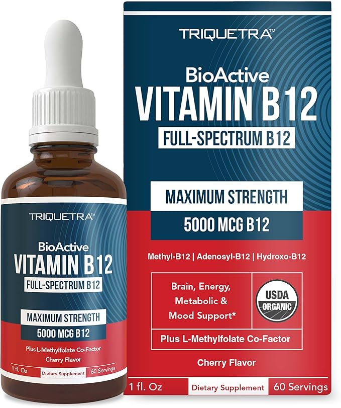 BioActive Vitamin B12 5000 mcg | 3 BioActive Forms Plus Methylfolate Cofactor - Methylcobalamin Adenosyl &amp Hydroxy | Sublingual Liquid Drops Berry Flavor Organic Non-GMO Vegan (1 oz)