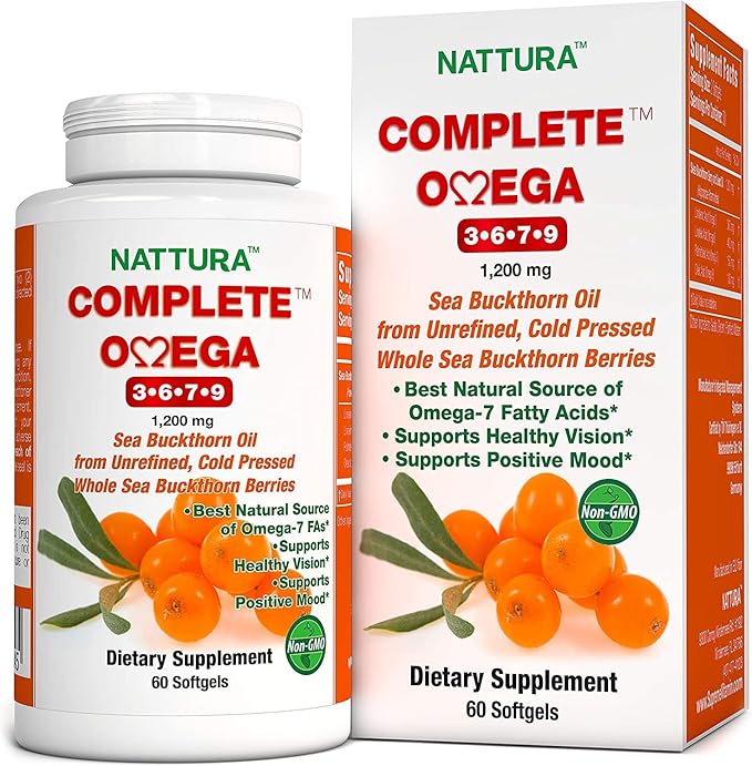 Nattura Complete Omega 3-6-7-9 Pure Sea Buckthorn Oil European Quality from Unrefined Cold Pressed Whole Sea Buckthorn Wild Berries - Non-GMO Certified Kosher Gluten-Free 1 Bottle - 60 Capsules