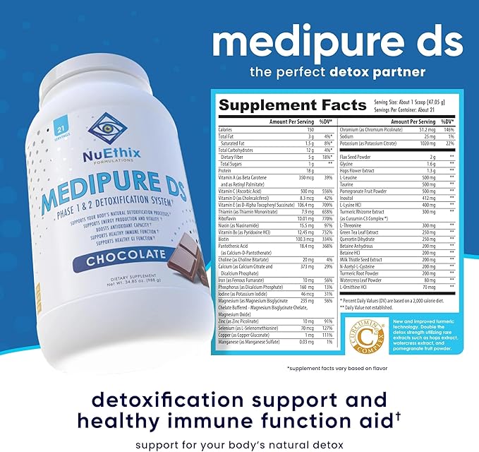 NuEthix Formulations Medipure DS with Rice Protein Phase 1 &amp 2 Detoxification System Supplement to Help Support The Body’s Natural Detoxification Process Chocolate (Non-Caffeinated) 21 Servings