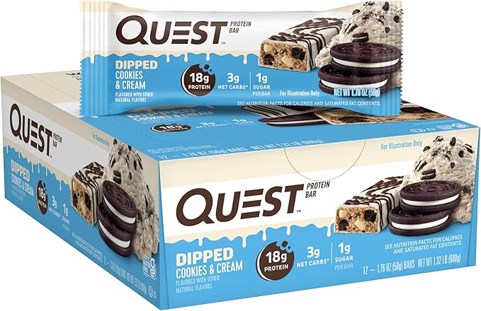 Quest Nutrition Dipped Chocolate Cookies &amp Cream Protein Bars High Protein Low Carb Gluten Free Keto Friendly 12 Count