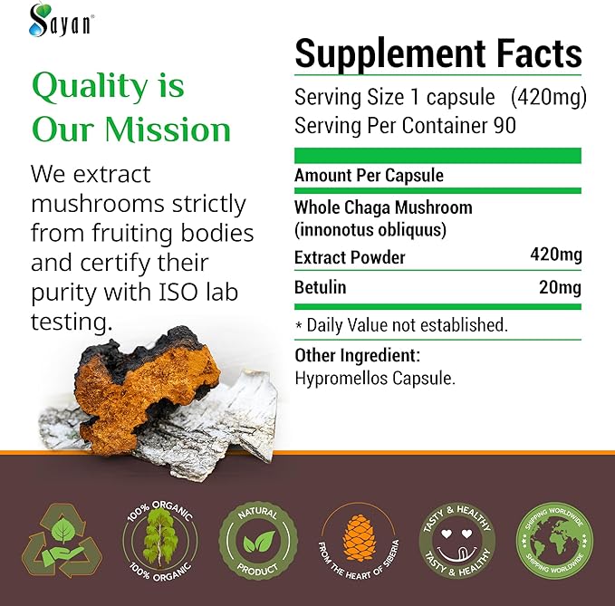 Sayan Siberian Chaga Mushroom Extract with Betulin – 90 Capsules/440mg ea – Wild-Harvested Antioxidant Blend – Immune System Support &amp Regulate Body Functions – Vegan Non-GMO No Fillers or Addit