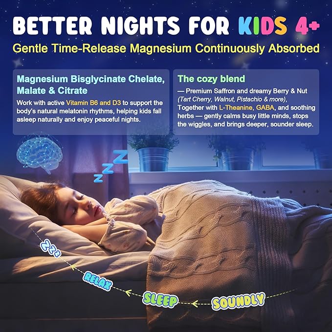 Kids Sleep Gummies NO Melatonin - Triple Magnesium Glycinate + Saffron GABA Berry &amp Nut Superfood Gummies Sugar Free Nighttime Sleep Aid &amp Calm for Kids 4+ Teens Relaxation Brain &amp Mu