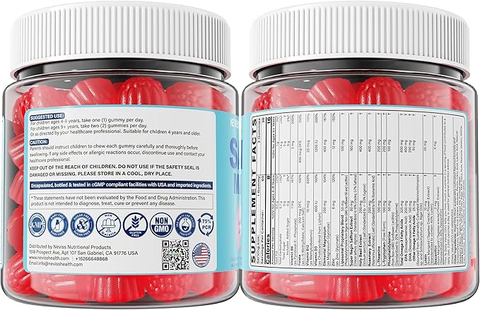 Saffron + Magnesium Glycinate+ Omega-3 - Calm Focus Gummies for Kids 4+ Saffron Extract Supplement with L-Theanine Holy Basil Rosemary B6 B9 B12 D3 for Happy Mood Cognition ZZz Sugar Free