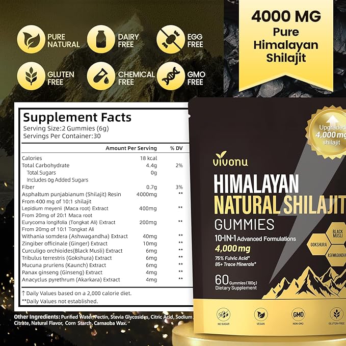 Shilajit Gummies Shilajit for Men &amp Women | 4000mg High Potency 10-in-1 Formula with Pure Himalayan Shilajit Ashwagandha and 75% Fulvic Acid | Sugar-Free Vegan 85+ Trace Minerals