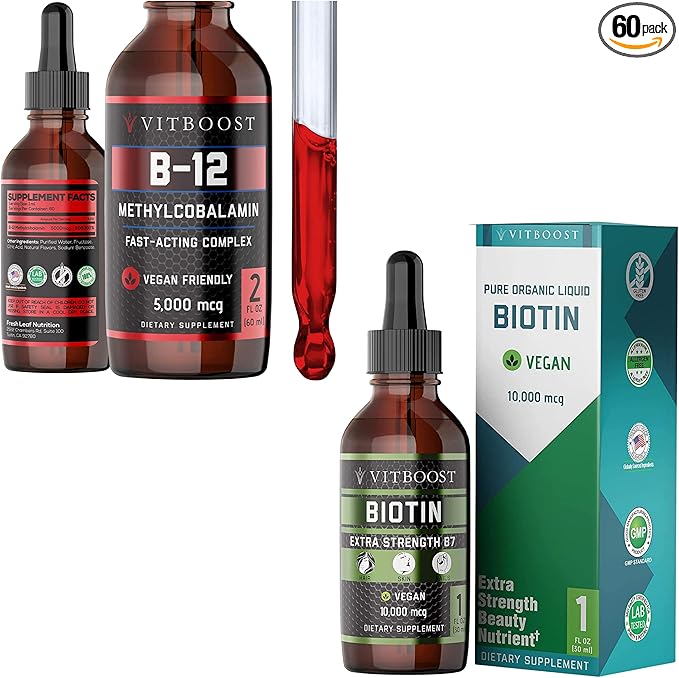VITBOOST Vegan Liquid B12 Drops 60 x 5000mcg Extra Strength Raspberry Flavored VIT B12 Liquid Methylcobalamin sublingual Supplement &amp Extra Strength 10000mcg Biotin Liquid Drops Organic Berry Fla