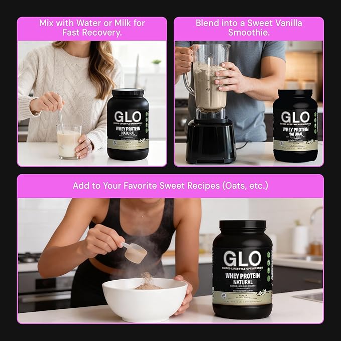 GLO Health Foods Cold-Processed Whey Protein - Vanilla Flavor - 24g Protein per Serving - Whey with Digestive Enzymes &amp BCAAs - Supports Muscle Growth Strength &amp Recovery - 2 LB (28 Servings)