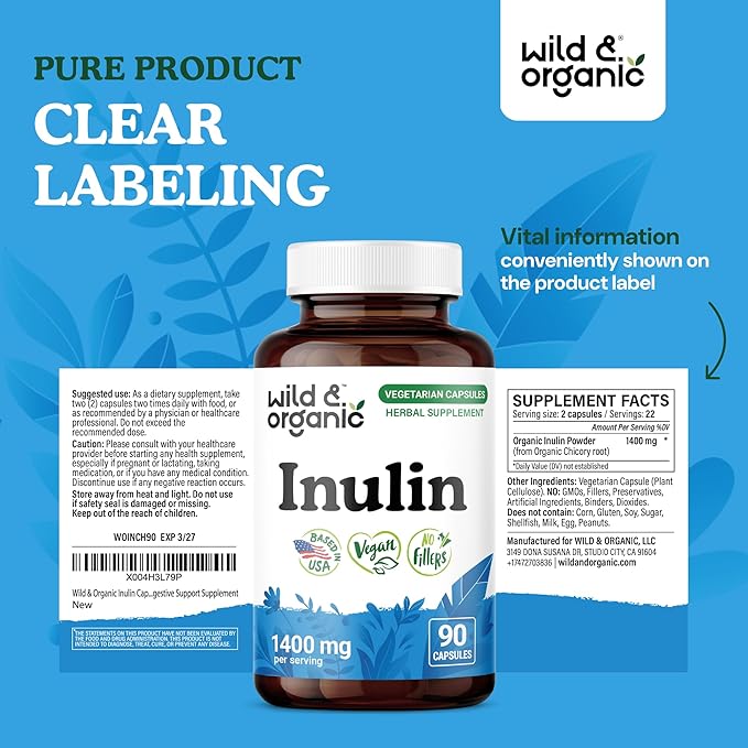 Wild &amp Organic Inulin Capsules 1400 mg - Digestive &amp Gut Support - Chicory Root Inulin Powder Supplement with Prebiotic Fiber - Vegan No Fillers Non-GMO - 90 Count