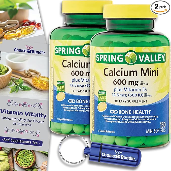 Spring Valley Calcium 600 mg Plus Vitamin D3 12.5 mcg 150 Ct Mini Softgels 2 Pk (300 Total) + Vitamin Guide &amp Pill Container (4 Items)!