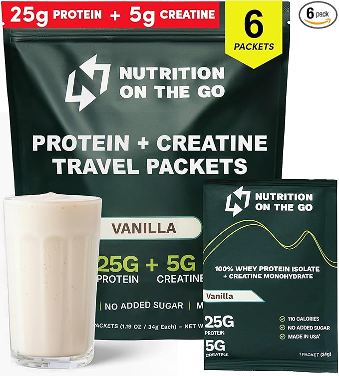 Nutrition On The Go Whey Protein Isolate Packets with Creatine – 25g Protein + 5g Creatine – Single-Serve Travel Protein Powder – Vanilla (6-Pack)
