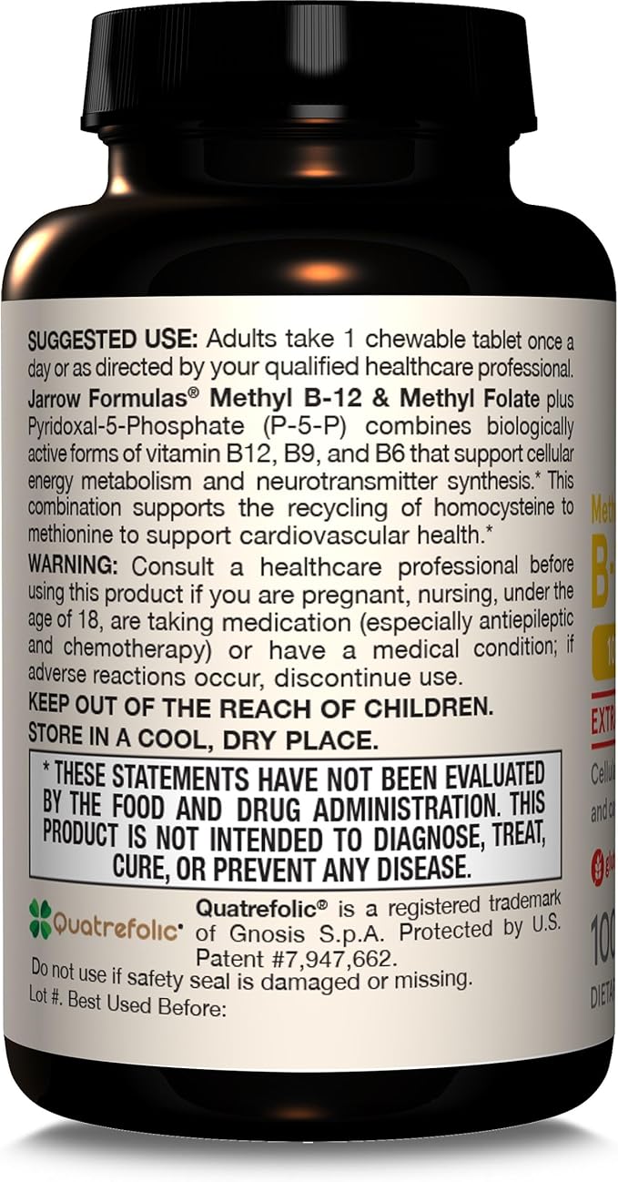 Jarrow Formulas Methyl B-12 &amp Methyl Folate Bioactive Vitamin B9 and Vitamin B12 Supplement Supports Cellular Energy Production Healthy Brain Function &amp Metabolism 60 Chewable Tablets 60