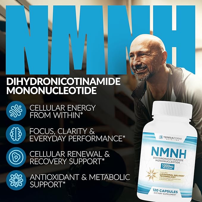 NMNH Dihydronicotinamide Mononucleotide 1000mg – NMNH Supplement with Sunflower Lecithin Liposomal Delivery Matrix for Enhanced Absorption – 120 Capsules (60 Servings) – NAD+ Support