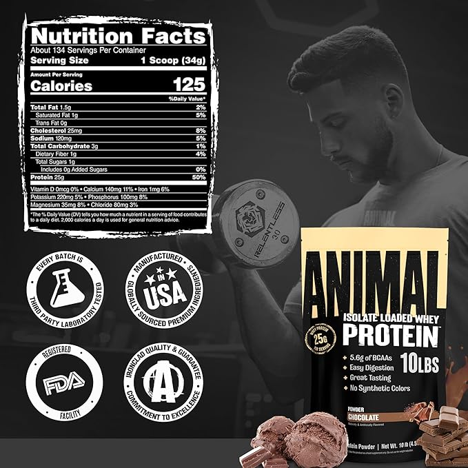 Animal Whey Isolate Protein Powder - Loaded for Pre &amp Post Workout Muscle Builder and Recovery with Digestive Enzymes for Men &amp Women - 25g Protein Great Taste Low Sugar - Chocolate 10 lbs
