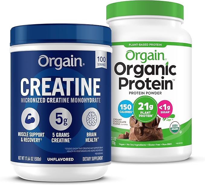 Orgain Creatine Monohydrate Powder (17.64 Oz 100 Servings) &amp Organic Vegan Chocolate Fudge Protein Powder (2.03 lb) Bundle - Plant-Based Protein &amp Muscle Support
