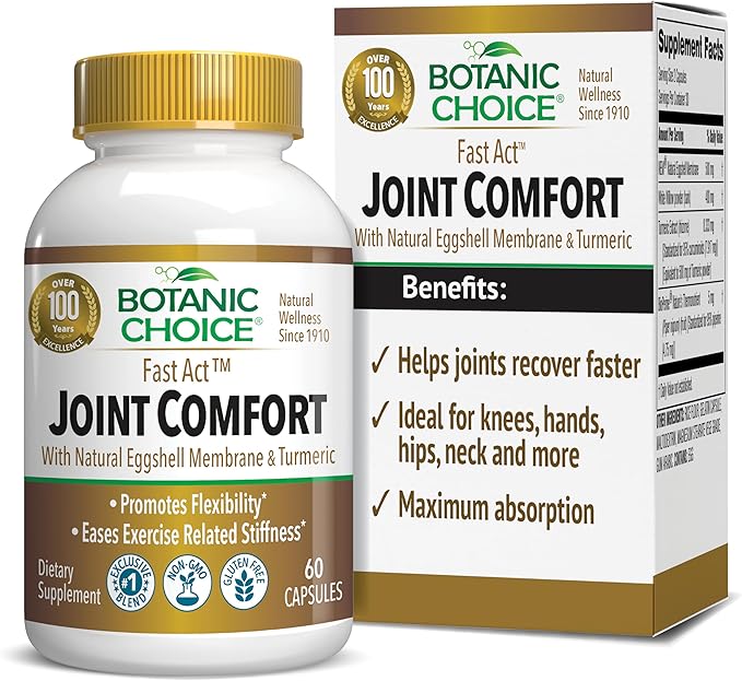Botanic Choice Fast Act Joint Comfort with NEM Natural Eggshell Membrane Turmeric Curcumin Bioperine &amp White Willow Bark Supports Joint Health 60 500mg Capsules