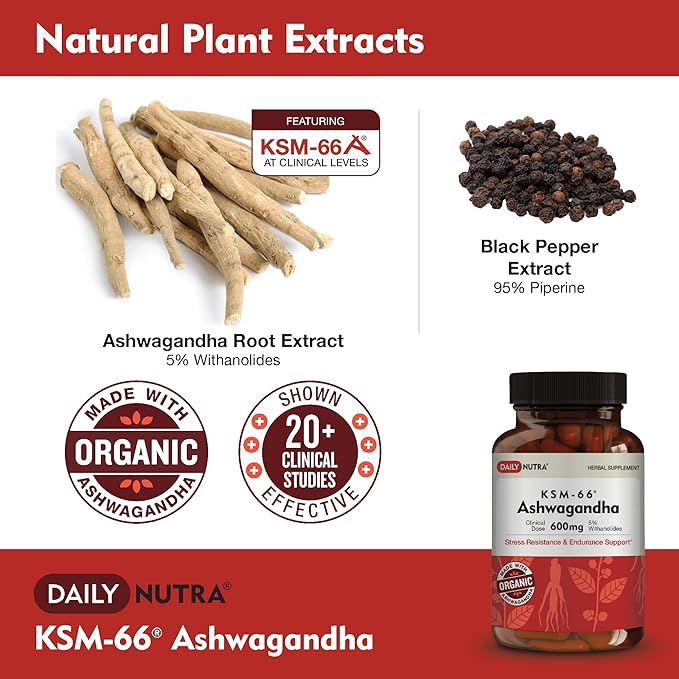 DailyNutra KSM-66 Ashwagandha 600mg Organic Root Extract - High Potency Supplement with 5% Withanolides | Relieves Tiredness Supports Relaxation Focus Energy &amp Muscle Growth (90 Capsules)