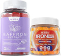 1Pack Saffron Supplement Gummies 100% Pure Saffron Extract Whole Herb Gummies + 2P Vegan Iron Gummies Supplement with Vitamin C B12 Folate &amp Turmeric