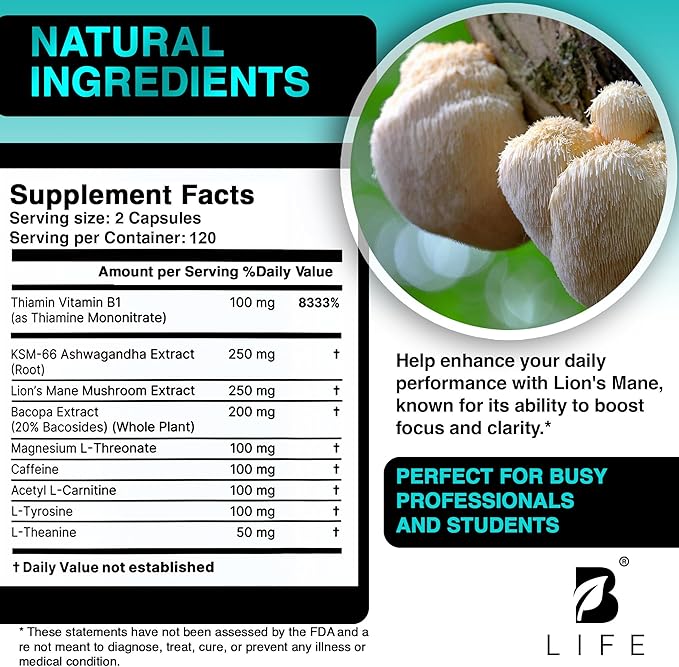 Lion’s Mane Mushroom Capsules – Memory Focus &amp Clarity – Nootropic Brain Supplement with Ashwagandha Thiamin (B1) Magnesium L-Threonate – Cognitive and Brain Support for Mental Energy 240 Caps