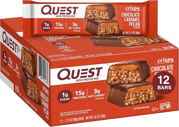 Quest Protein Shake Salted Caramel 4 Count(Pack of 3) and Hero Protein Bar Crispy Chocolate Caramel Pecan 12 Count Bundle