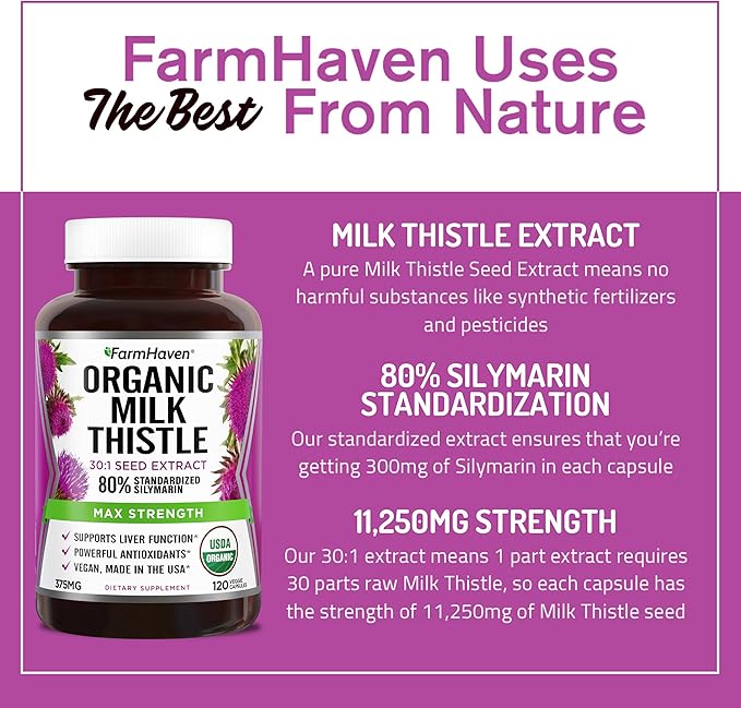 FarmHaven USDA Organic Milk Thistle Capsules | 30X Concentrated Seed Extract &amp 80% Silymarin Standardized - Supports Liver Function and Overall Health | Non-GMO | 360 Vegan Capsules