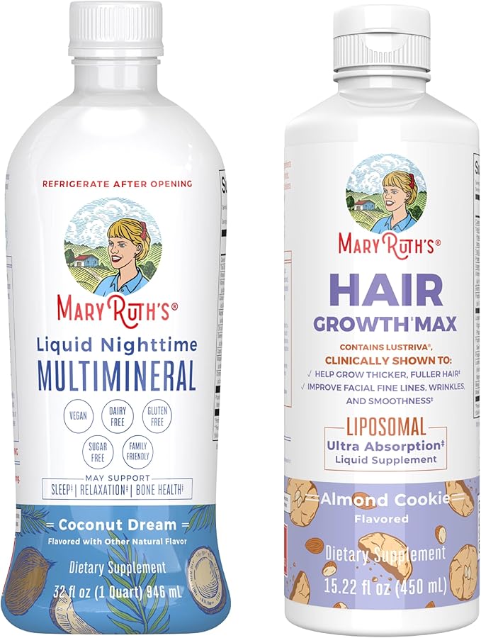 MaryRuth's Liquid Nighttime Multimineral (Coconut 32oz) &amp Hair Growth Max Liposomal (Almond Cookie) | Clean Label Project Verified® | Sugar-Free Vegan | Bedtime Routine Beauty Hair Skin Suppor