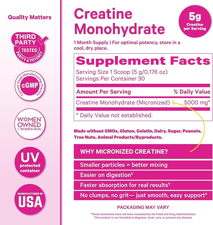 Pink Stork Creatine Monohydrate for Women | Micronized Creatine Powder | 5g Unflavored | Supports Muscles Energy Cognitive Function | Clean Alternative to Pills or Gummies | 30 Servings