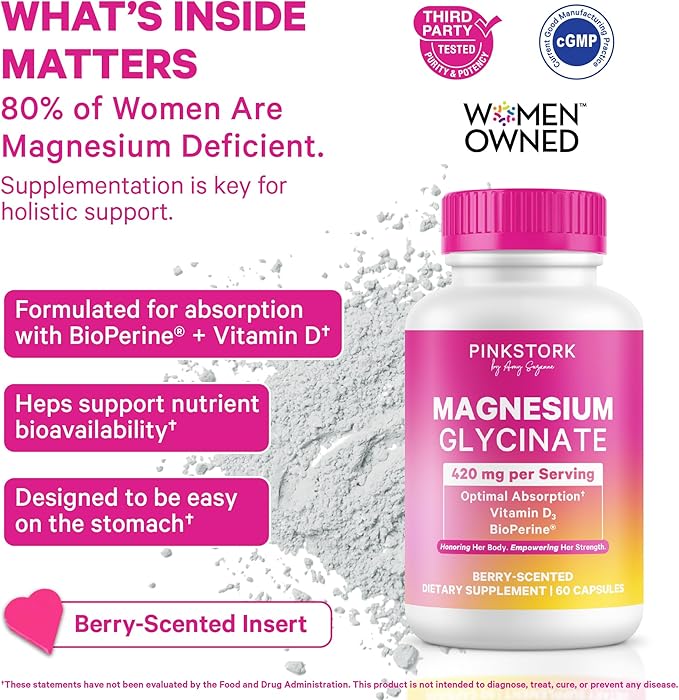 Pink Stork Magnesium Glycinate with Vitamin D - Magnesium Supplement for Women to Support Natural Calm Mood and Sleep - Hormone Balance for Women - 60 Capsules Berry Essence 1 Month Supply