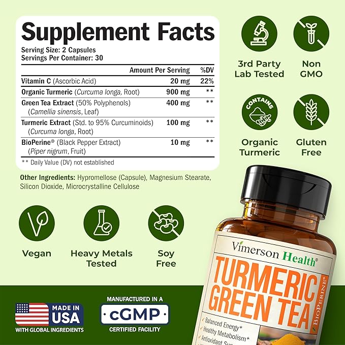 Turmeric Curcumin Supplement with Green Tea Extract (ECGC) &amp Vitamin C for Joint Health Energy &amp Inflammation Balance - Organic Tumeric Curcumin with Black Pepper - Gluten-Free Non-GMO - 60