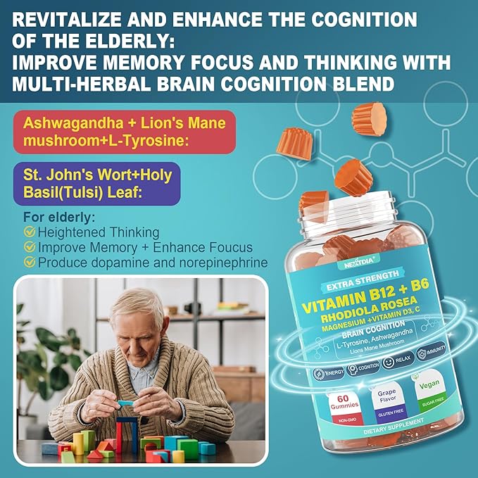 Focus Memory &amp Energy Gummies L-Tyrosine + Methyl B12 1000mcg B6 50mg D3 C Lion's Mane Mushroom for 15+ Students Office Worker Multivitamin Herb Blend for Seniors Brain &amp Cognition Su