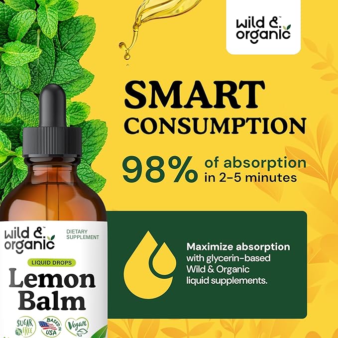 Wild &amp Organic Lemon Balm Tincture - Good Mood Support - Melissa Lemon Balm Extract Drops - Add to Tea for Relaxation - Vegan Sugar &amp Alcohol-Free Leaf Supplement - 4 fl oz