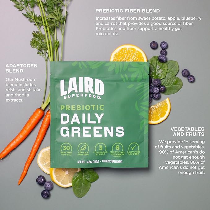 Laird Superfood Prebiotic Daily Greens Powder – Essential Vitamins &amp Minerals - Prebiotic Fiber Adaptogen and Fruits &amp Vegetables – Supports Gut Health – Non-GMO Vegan - 14.8 oz Bag Pack of