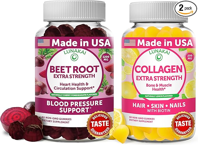Lunakai Beet Root and Collagen Gummies Bundle 200mg Hydrolyzed Collagen Gummies for Women and Men with Biotin Zinc Vitamin C and E - Non-GMO Anti Aging