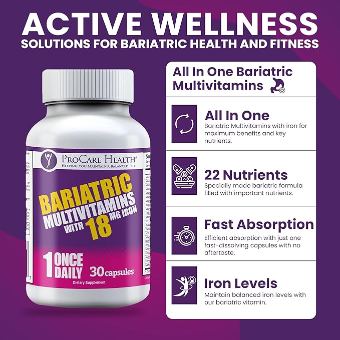 ProCare Health Bariatric Multivitamin with Iron 18mg (30 Easy to Swallow Capsules) - Post Op Bariatric Vitamins for Gastric Bypass Pills - Must Haves for Sleeve Patients (1 Month Supply)
