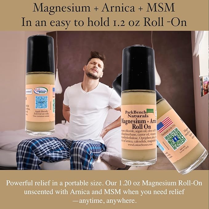 Park Bench Naturals Magnesium Roll-On with Arnica and MSM Unscented Natural Relief Formula 1.2 oz Glass Bottle Made in USA