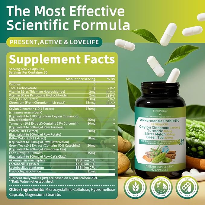 GREENPEOPLE Akkermansia Probiotics 15B CFU for Gut Function 60CT Probiotics Supplement with Ceylon Cinnamon Turmeric | Digestive Health &amp Metabolic Support | Women &amp Man | Vegan &amp Gluten